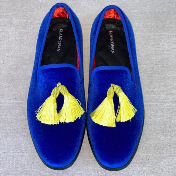 NWOB Men's Blue Velvet Loafers Yellow Tassels Smoking Shoes Size 11 EU 45 - Picture 1 of 6
